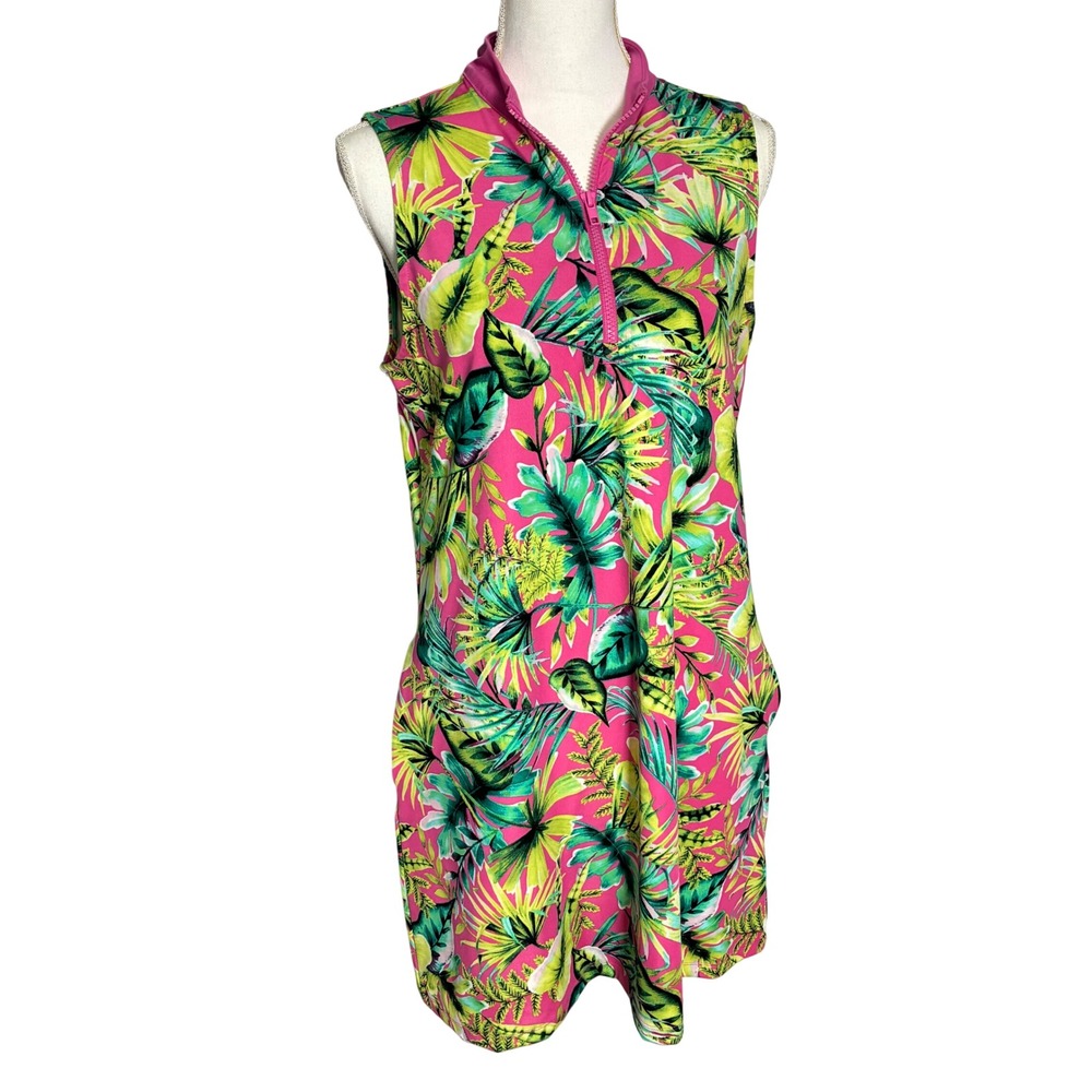 Tommy Bahama Golf Dress Womens L Pink Tropical Palm Sleeveless Pocket Resort‎